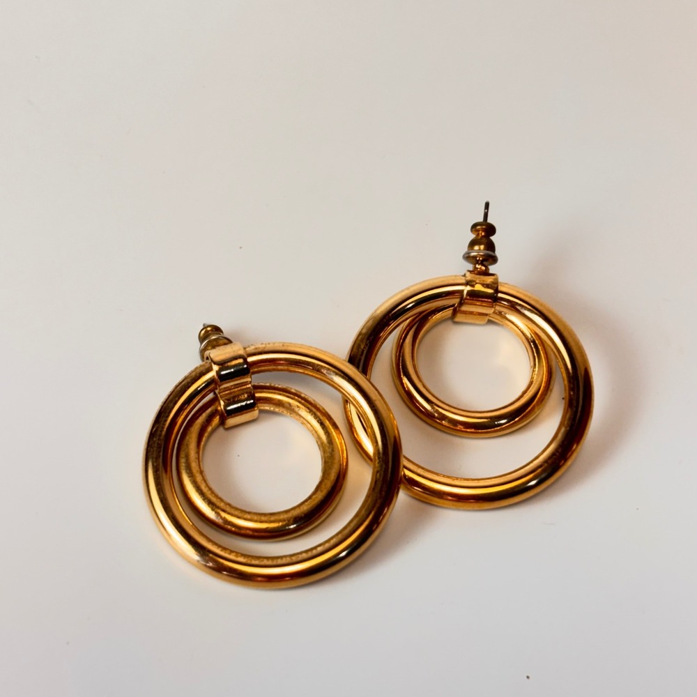 1980s Vintage Gold Double Hoop Earrings Statement Door Knocker Retro Minimalist